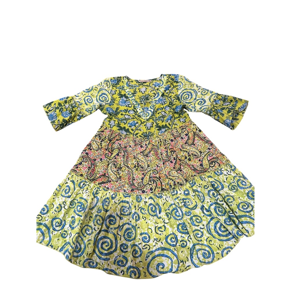 Dress Addict XS Tiered Cotton Mini Dress Green Floral Paisley Swirl Boho Tunic